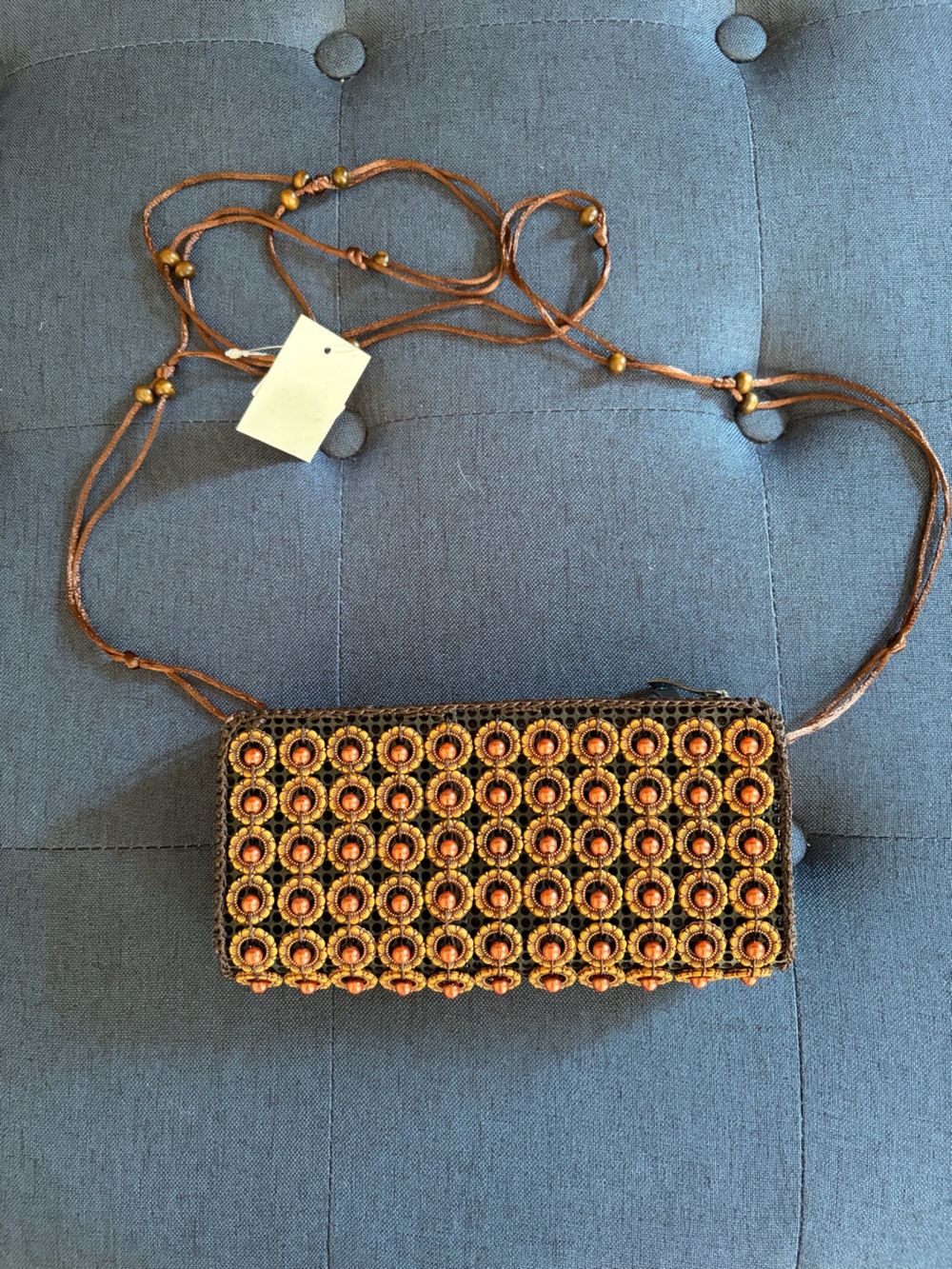 NWT Woven Beaded boho Crossbody Bag in Brown and Gold beading